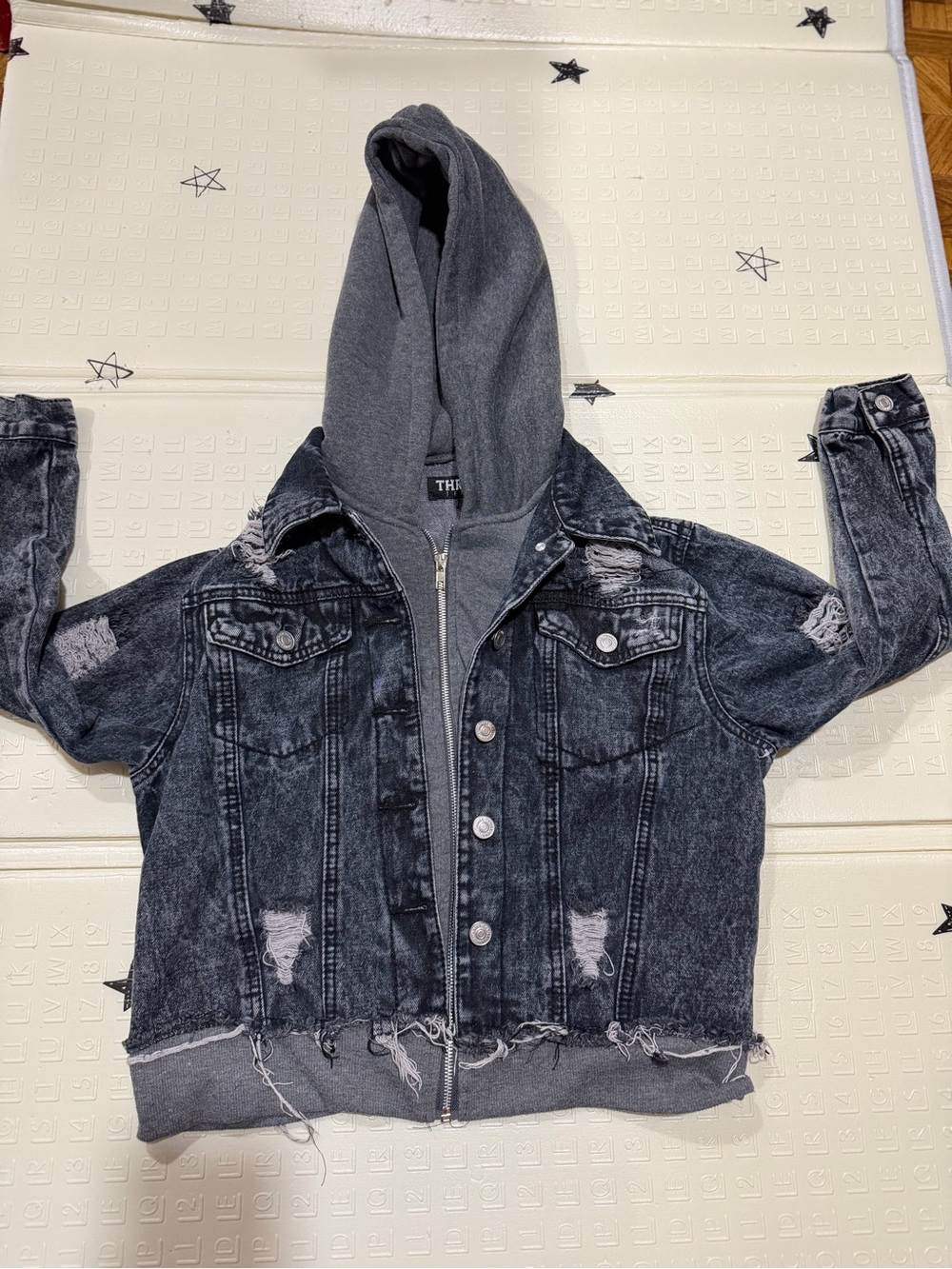 Distressed Black Denim Jacket with Hooded Zip-In Liner
